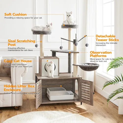 Miniatura 5 de HOOBRO Árbol para gatos con recinto para caja de arena, 27.6" L x 18.9" A x 52" Al, Torre de madera para gatos todo en uno, Muebles para gatos
