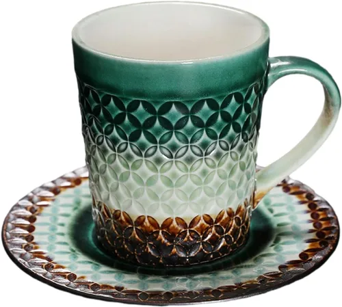 Miniatura 10 de CAPIJIONG 6.8 fl oz/6.67oz Vintage Cerámica Horno Taza de Café Set Creativo Simple Taza de Leche para Oficina Hogar Restaurante Café-Azul Esmalte