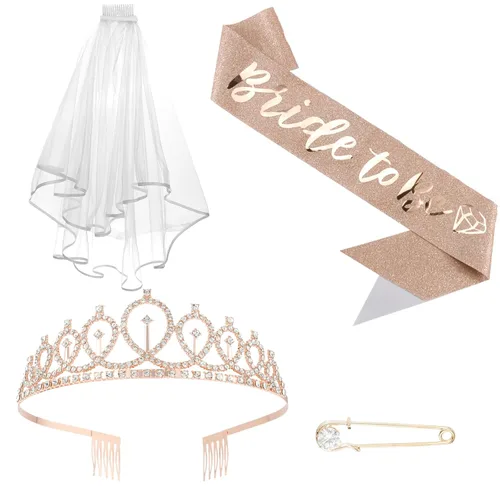 Miniatura 15 de CIEHER Corona de oro rosa + banda de novia + velo de boda para despedida de soltera, decoraciones de despedida de soltera, banda de despedida