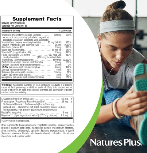 Miniatura 4 de NaturesPlus Hema-Plex Iron - 60 cápsulas de acción rápida - 85 mg de hierro quelado + vitamina C y bioflavonoides para glóbulos rojos saludables