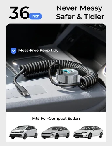Miniatura 2 de LISEN - Cargador de coche con cable en espiral USB-C integrado de 36 pulgadas de 45 W, adaptador de encendedor de cigarrillos de carga rápida