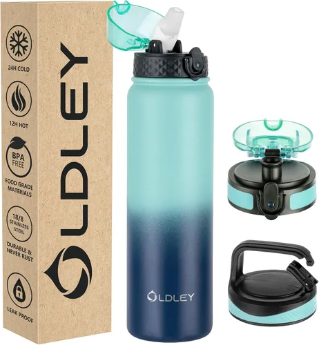 Miniatura 7 de Botella de agua aislada Oldley de 12 oz con pajita, botella de agua de acero inoxidable con 2 tapas, botellas de doble pared con vacío para adultos