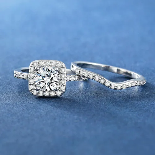 Miniatura 4 de MDFUN Anillo de compromiso de boda con circonita cúbica chapada en oro blanco de 18 quilates con halo de compromiso de boda y eternidad para mujer