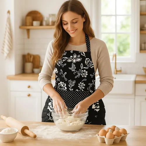 Miniatura 5 de G2PLUS Delantal de cocina floral vintage para mujer, delantal de cocina con dobladillo plisado negro con bolsillo, delantal de algodón retro