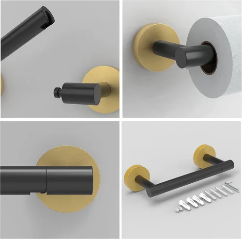 Miniatura 4 de RARXTR Soporte de papel higiénico negro y dorado SUS304 de acero inoxidable con doble poste pivotante, soporte de papel higiénico montado