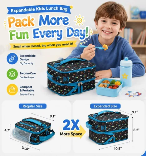 Miniatura 6 de Expandable(18cans) Lunch Box Insulated Cute Cartoon Lunch bag for Kids Boys Grils Toddler Teens Portable Lightweight Small Lunchbox With Shoulder