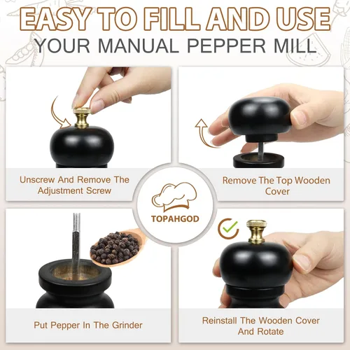 Miniatura 5 de Juego de 2 molinillos de sal y pimienta, molinillo de pimienta manual y molinillo de sal con rotor de cerámica ajustable y junta de acero Negro