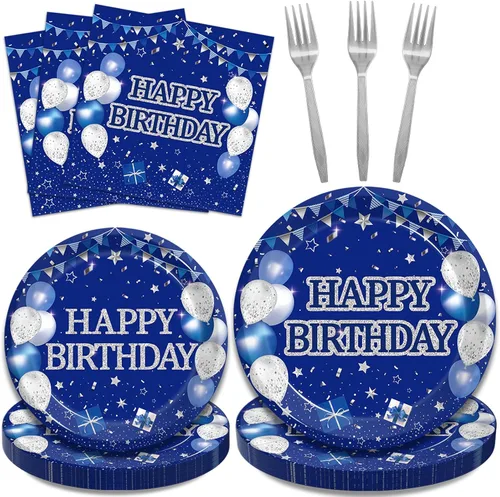 Miniatura 8 de Kepeel Juego de vajilla de 96 piezas para fiesta de 16º cumpleaños, decoraciones y suministros azul y plateado Feliz 16º Cumpleaños para niños