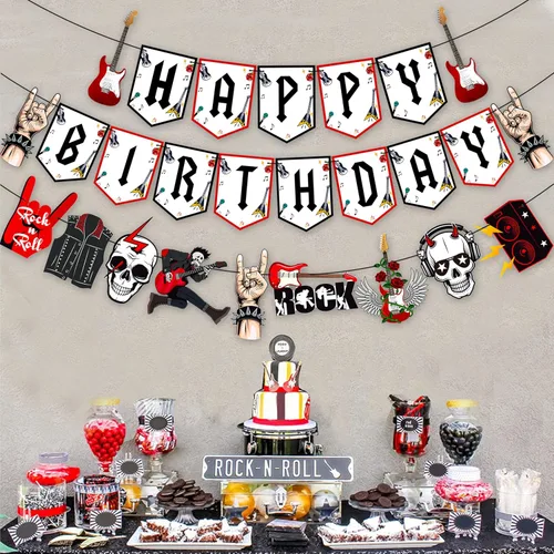 Miniatura 8 de Cartel de cumpleaños de Rock and Roll, 3 unidades, pancartas de fiesta de música rock, decoración de fiesta de cumpleaños, pancartas colgantes