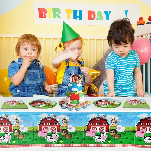 Miniatura 4 de Juego de vajilla de fiesta de animales de granja, 20 platos y 20 servilletas y mantel de 71 x 42 pulgadas, suministros de decoración para fiestas
