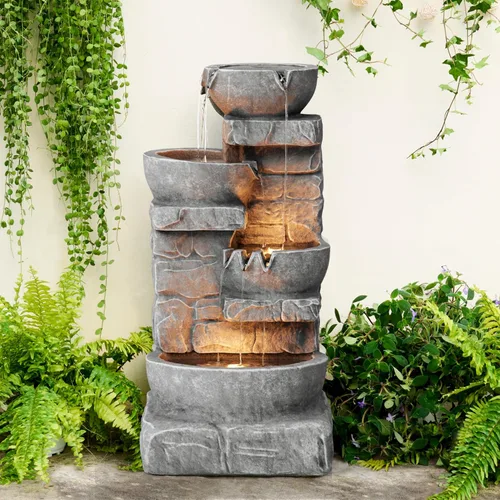 Miniatura 9 de Teamson Home Fuente de Agua LED para Exteriores de 33.25 pulgadas con Tazones en Cascada y Piedras Apiladas para Jardines, Paisajismo, Patios, Gris