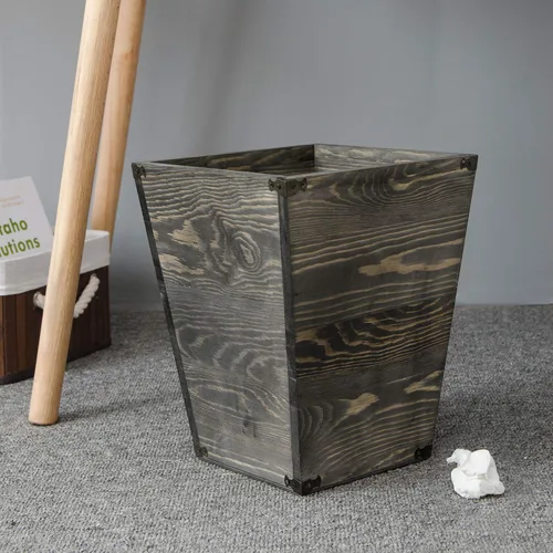 Miniatura 5 de Basurero cuadrado de madera estilo granja con soportes metálicos decorativos para dormitorio, sala de estar, baño y oficina, papelera (gris rocho)