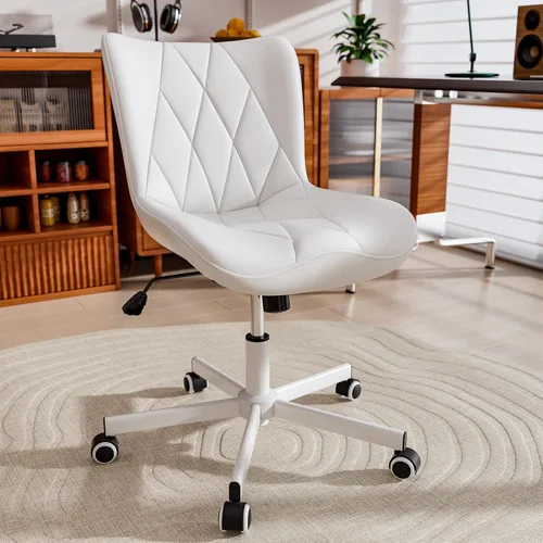 Miniatura 13 de Silla de escritorio sin brazos de cuero marrón, cojín ergonómico suave, altura ajustable, balanceo, oficina en casa