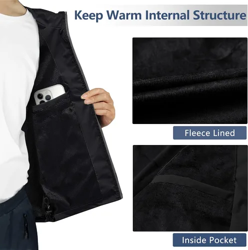Miniatura 4 de Heihuohua Chaleco de forro polar suave para hombre, chaqueta ligera sin mangas con cremallera completa
