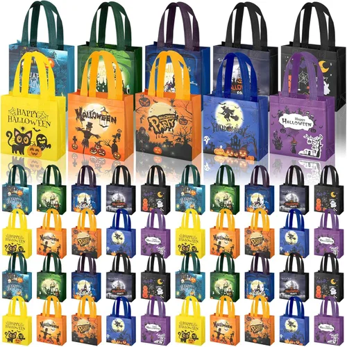 Sweetude 50 bolsas de Halloween con asas, bolsas no tejidas para envolver regalos, suministros de fiesta, 7.9 x 7.9 x 3.15 pulgadas (espeluznantes)