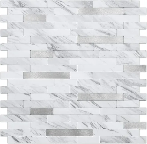 Miniatura 7 de DICOFUN - Azulejo adhesivo de loseta en muro para la cocina, piedra faxu gris claro, PVC con metal mixto, 1 lámina