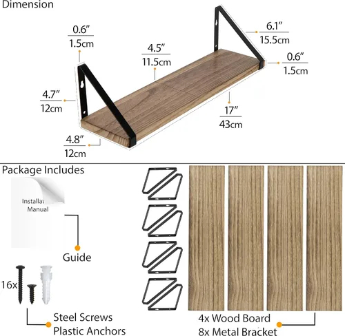 Miniatura 3 de Wallniture Ponza - Juego de 4 estantes flotantes para montaje en pared, estantes de pared para dormitorio, baño, sala de estar, cocina, tablero