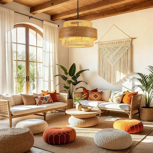 Miniatura 4 de Lámpara de araña tejida a mano con 5 luces, estilo bohemio, de tambor de ratán, de 19.68 pulgadas, grande, redonda, rústica, costera, para casa