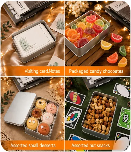 Miniatura 7 de Paquete de 8 cajas de latas de metal vacías con tapa, latas de galletas rectangulares de metal plateado para golosinas, regalos, regalos, velas