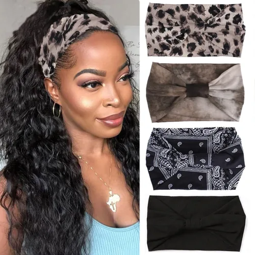 Miniatura 9 de Xtrend Paquete de 4 bandas anchas para el cabello para mujer, bandanas negras de moda, estilo bohemio, bandas gruesas para el cabello, grandes