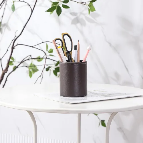 Miniatura 6 de Soporte para bolígrafo para escritorio, soportes de lápiz de cuero PU para cosméticos suministros de oficina, organizador de escritorio negro PH107