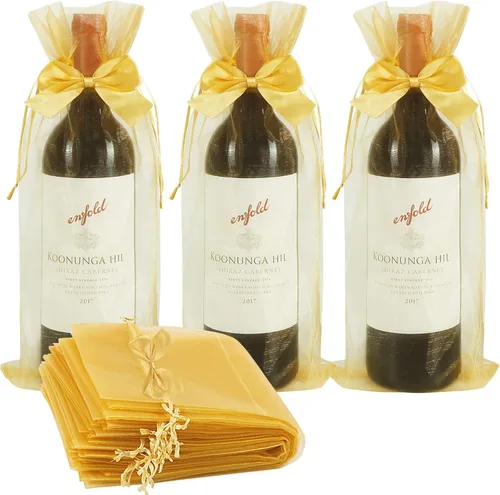Paquete de regalo para fiesta de celebración, bolsas de vino de organza doradas, 20 bolsas con cordón para botellas con lazo, bolsas de regalo de