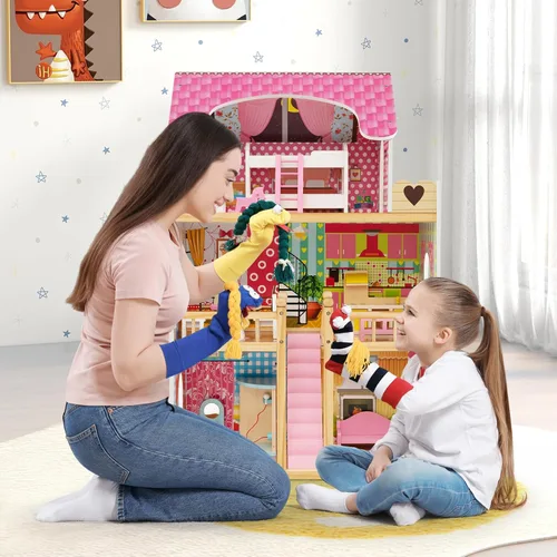 Miniatura 9 de HONEY JOY Casa de Muñecas Rosa, Casa de Muñecas de Madera para Niños con Balcón y Escaleras, 15 Piezas de Accesorios y Muebles Incluidos, Juguete