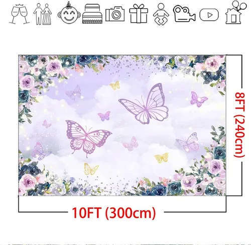 Miniatura 4 de Mocsicka Fondo de mariposa violeta - Fondo de decoración de fiesta de niña floral púrpura - Boda, cumpleaños, baby shower - 6 x 4 pies