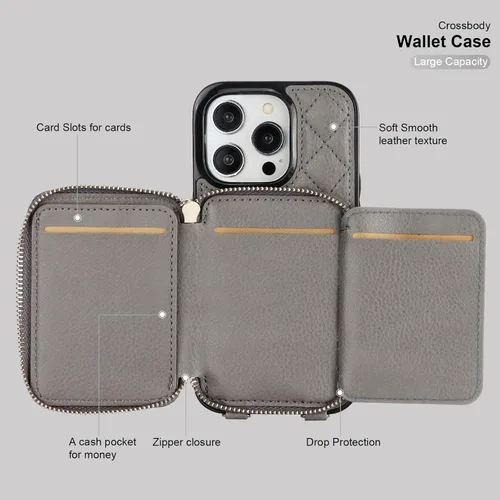 Miniatura 7 de Bocasal Funda tipo cartera cruzada para iPhone 14 Pro, bloqueo RFID, de piel sintética, con cremallera, funda tipo cartera con función atril y Gris