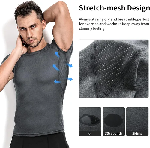 Miniatura 3 de Niksa Camisas de compresión para hombre, paquete de 3, camisetas de compresión atléticas de manga corta, camisetas de entrenamiento frescas y secas