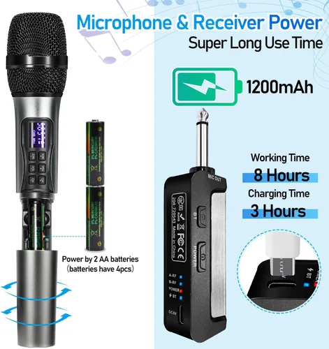 Miniatura 4 de Sistema de karaoke de micrófono inalámbrico con receptor Bluetooth recargable, micrófono inalámbrico dinámico de mano profesional, rango UHF de 200