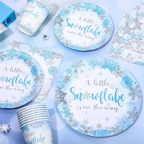 Miniatura 3 de 100 piezas de suministros de fiesta de copo de nieve de invierno, platos de papel y servilletas con tazas, juego de 25 platos azules para baby