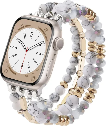 VISOOM Pulsera de cuentas compatible con Apple Watch Band de 40mm/38mm/41mm/42mm Series 10 9 8 7 SE Series 6/5/4; correa de reloj elástica con Blanco