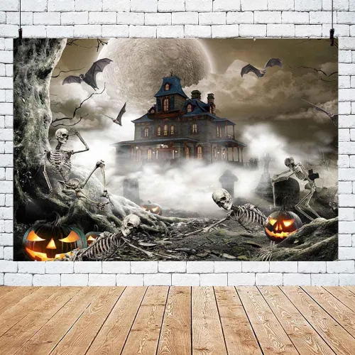 Miniatura 5 de AIBIIN Telón de fondo de fotografía gris de Halloween de 8 x 6 pies, luna llena, noche de miedo, fantasma, castillo, fondo para fotos, calabaza