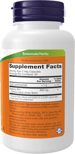 Miniatura 2 de NOW Supplements, Olmo resbaladizo (Ulmus rubra) 400 mg, Suplemento herbario, 100 cápsulas vegetales