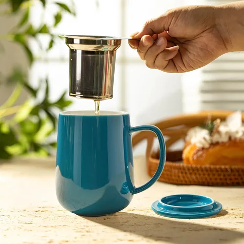 Miniatura 5 de Sweese Taza de té de porcelana con infusor y tapa, 20 onzas, azul acero, apta para microondas, reutilizable