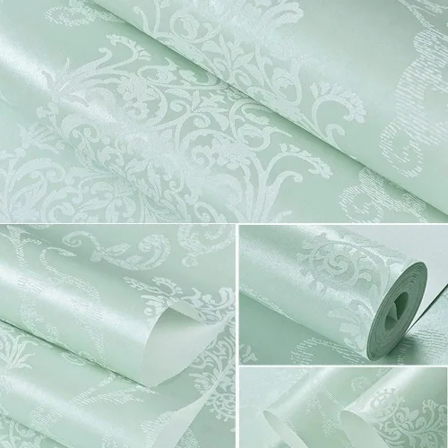 Miniatura 5 de Q QIHANG Color azul claro del rollo no tejido del papel pintado del polvo de la perla del damasco del estilo europeo 3D los 1.7 ft x 32.8 ft=5.3㎡