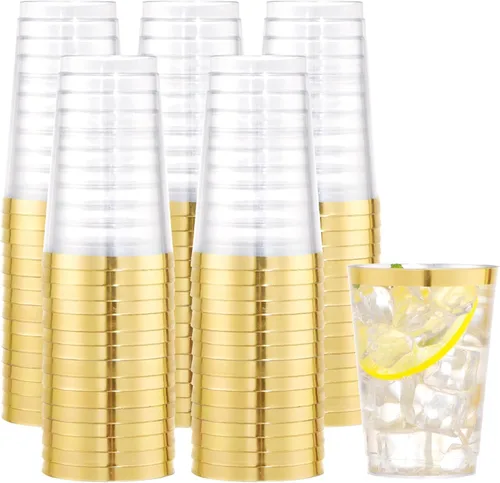 I00000 100 vasos de plástico dorados, vasos de plástico transparente de 10 onzas con borde dorado, tazas de cerveza, vasos duros desechables para