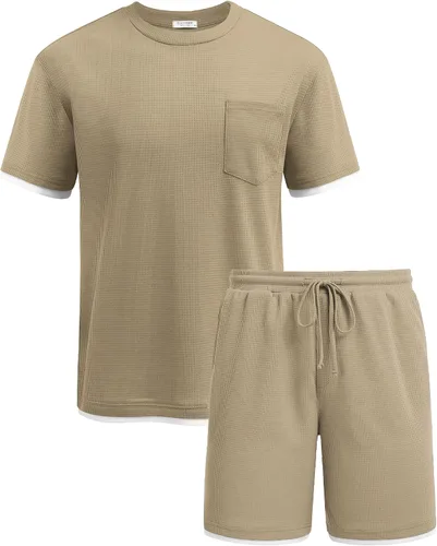 Miniatura 69 de COOFANDY Conjunto de camisa y pantalones cortos de gofre para hombre, conjunto de 2 piezas, conjunto casual de verano con bolsillos