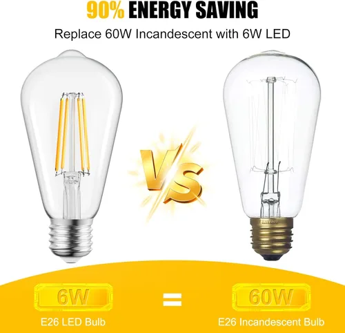 Miniatura 5 de Brightown Paquete de 4 bombillas LED Edison, 6 W, equivalente a 60 W, alto brillo blanco cálido de 2700 K, 750 lúmenes, no regulables, bombillas