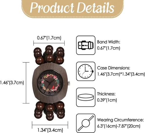 Miniatura 6 de JewelryWe Reloj elástico de madera bohemio pulsera de madera con cuentas Tonneau hecha a mano, esfera floral con banda elástica, reloj de pulsera
