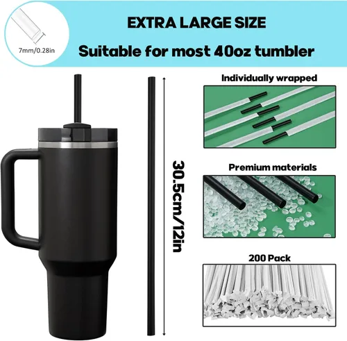 Miniatura 2 de 200 popotes desechables negros para vasos de 40 onzas, pajitas extralargas desechables para vaso Stanley Cup de 30 onzas y 40 onzas, popote envuelto