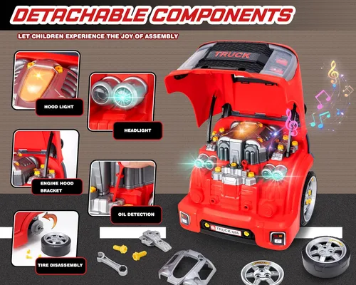 Miniatura 4 de POFJOEQ Juguete interactivo de motor de camión con piezas extraíbles, luces y sonidos, aspirante a joven mecánico, chispa creatividad y habilidades