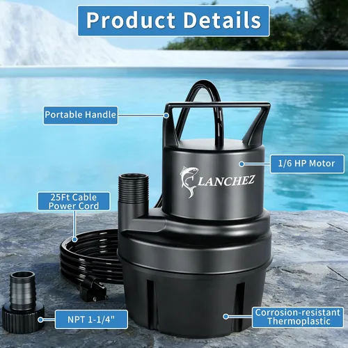 Miniatura 3 de LANCHEZ Bomba de sumidero 1/6 HP 1037 GPH Bomba de agua sumergible termoplástica portátil bomba de baja succión para piscina, jardín, estanque