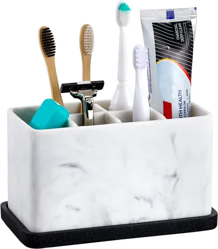 Miniatura 10 de ZCCZ Soporte para cepillo de dientes, organizador de baño de 6 ranuras para almacenamiento en cubierta, contiene pasta de dientes, hilo dental