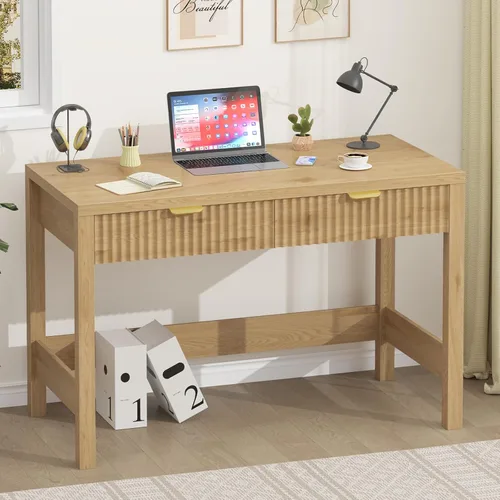 Miniatura 13 de YOMILUVE Escritorio estriado para computadora con 2 cajones, escritorio pequeño de computadora de 39 pulgadas con almacenamiento, escritorio Blanco