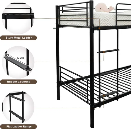 Miniatura 3 de Bonnlo Litera individual sobre individual para niños, adolescentes y adultos, cama resistente de 2 pisos con escalera plana y barandilla de 13