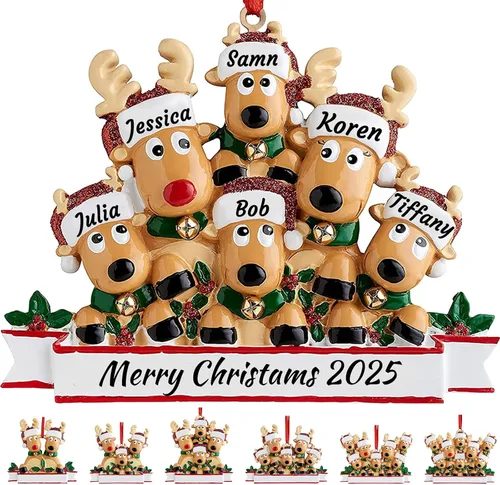 Miniatura 12 de Adorno personalizado de ciervo para árbol de Navidad, familia de 2,3,4,5,6,7,8 nombres, lindo reno de Papá Noel, decoración de Navidad 2025, regalo