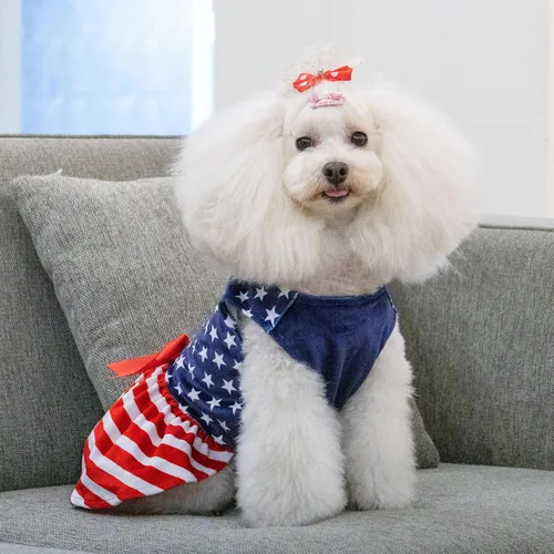 Miniatura 4 de CuteBone - Vestidos de terciopelo para perros del 4 de julio para perros pequeños, mono para mascotas, ropa para niñas, falda de cachorro con lazo