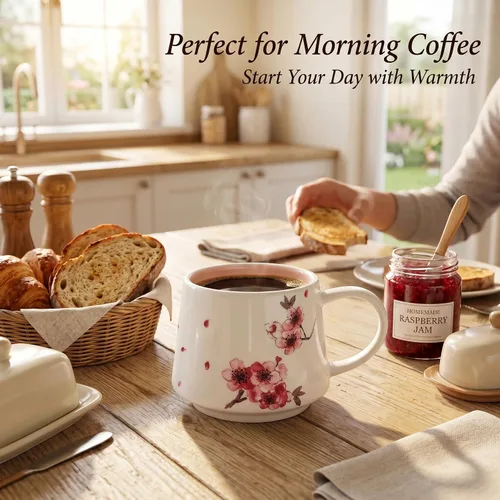 Miniatura 3 de DUSVALLY Taza de café floral de cerezo de 12 onzas, taza de cerámica con asa, apta para microondas y lavavajillas, taza de regalo rosa para mujer
